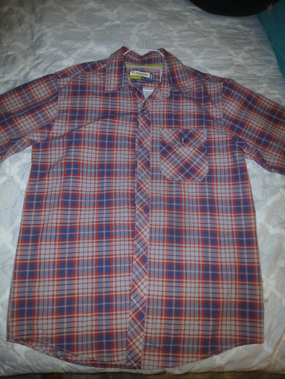 Magellan Outdoors Men’s Blue & Red Plaid Short-Sleeve Button-Up Shirt